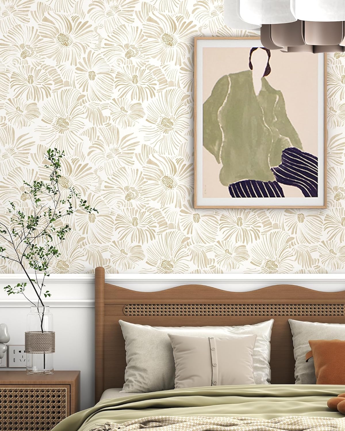 Herbal Wallpaper - モダンな剥がして貼る壁紙ボヘミアンベージュストライプ自己粘着壁紙花柄取り外し可能なコンタクトペーパーキャビネット寝室用
