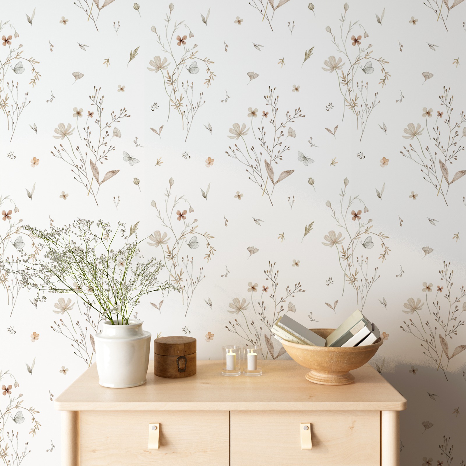 Herbal Wallpaper - 新鮮な花の壁紙、ニュートラルな牧草地の花の壁紙、手描きの花の壁画、剥がして貼るだけ、伝統的なまたは粘着式の紙