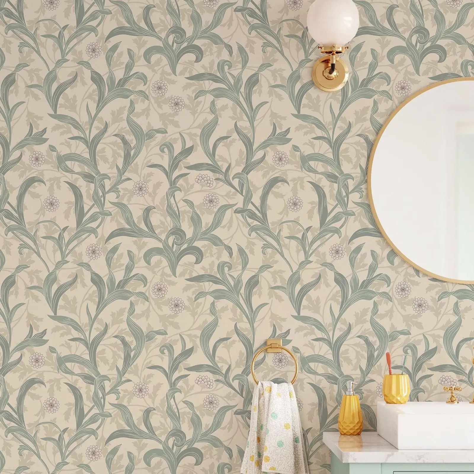 Herbal Wallpaper - ヴィンテージの花柄の葉の壁紙、剥がして貼るだけ、ライトカラーの自己粘着性の壁の装飾、家の装飾、または伝統的な不織布の紙