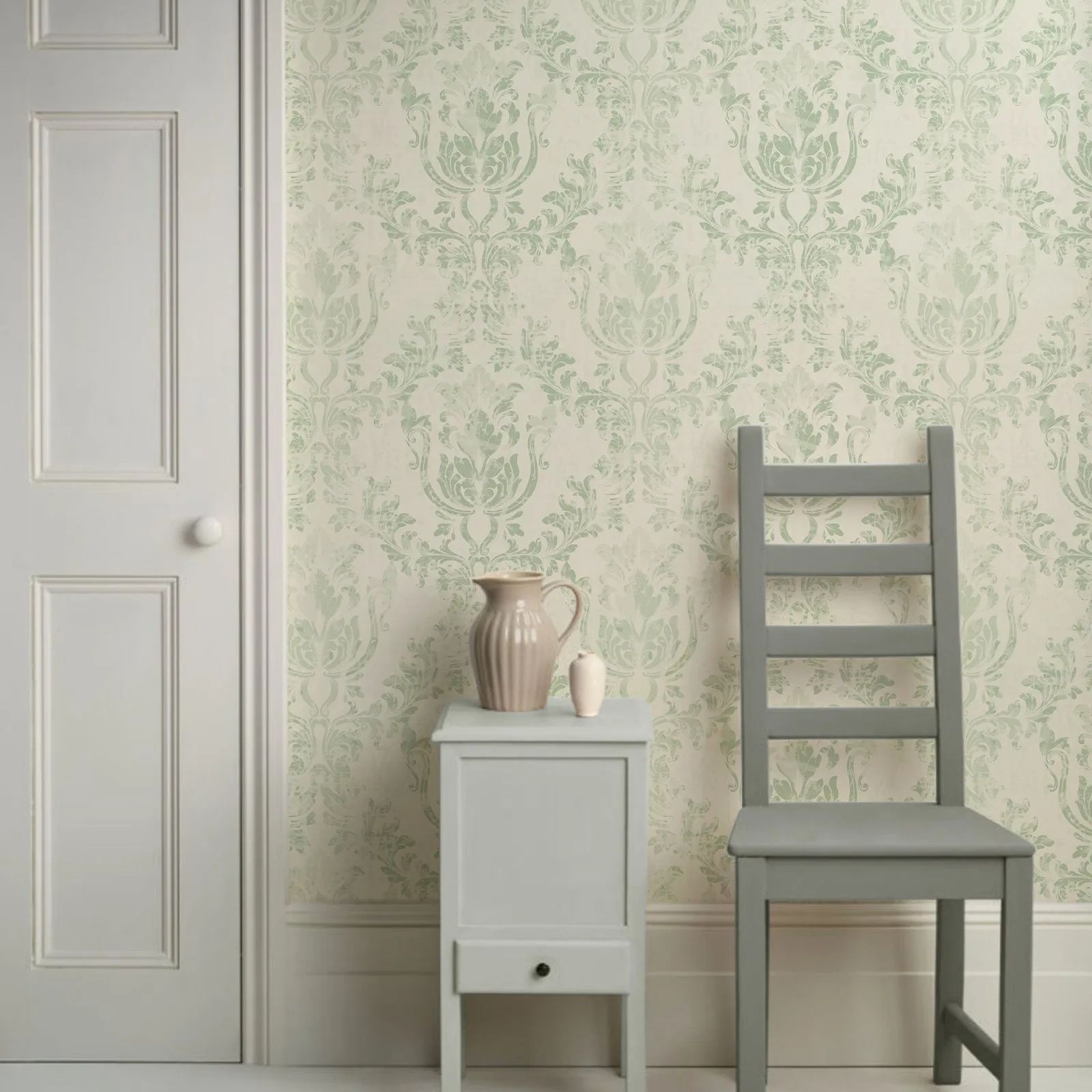 Herbal Wallpaper - ヴィンテージグリーンダマスク壁紙ロール、家の装飾用の剥がして貼る壁紙、伝統的な不織布壁紙ロール、50*300cm
