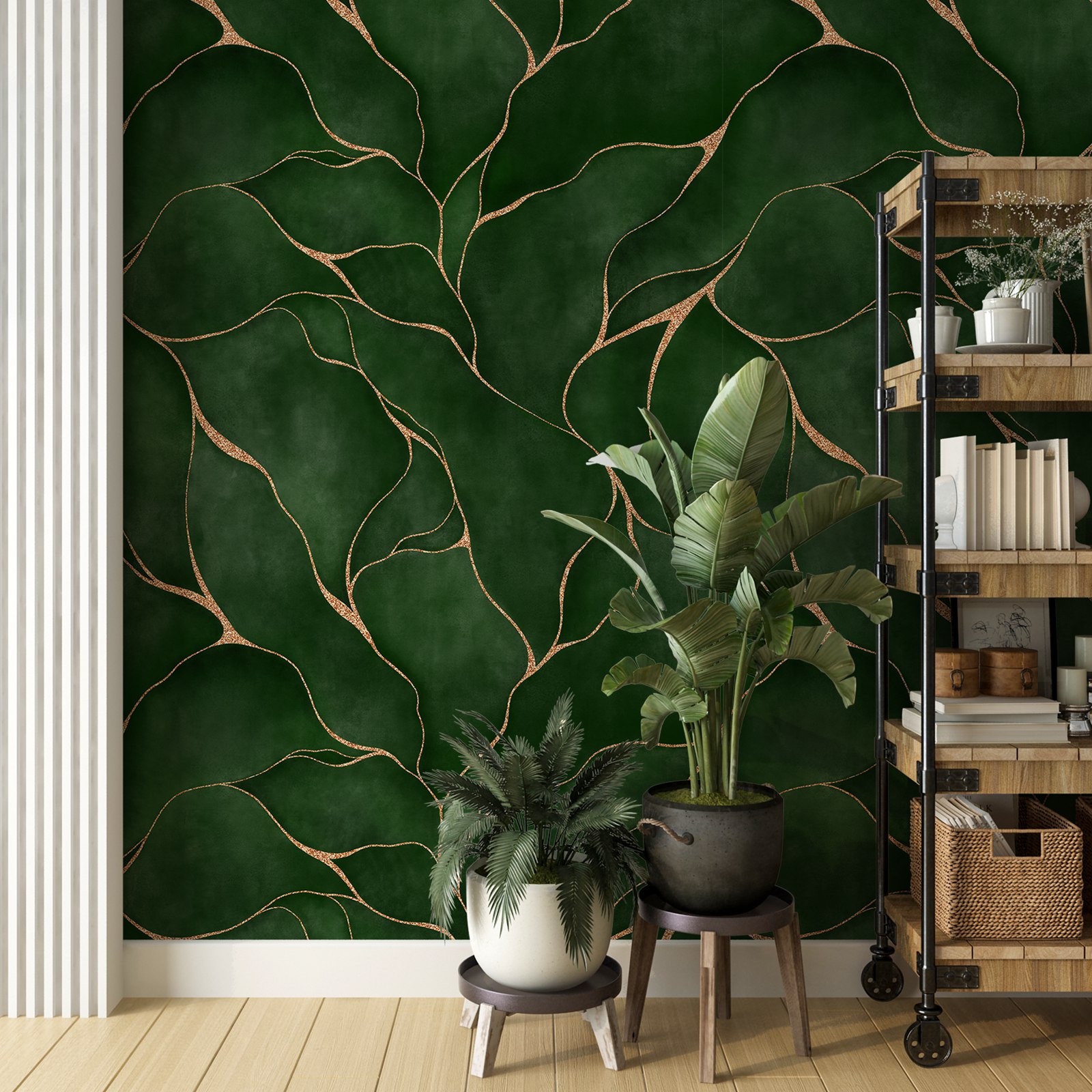 Herbal Wallpaper - 水彩画の壁紙ロール,黄色の線のある抽象的な葉,はがして貼り付ける