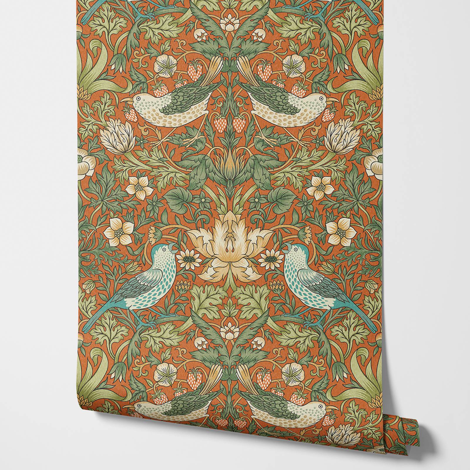 Herbal Wallpaper - イチゴ泥棒の花の壁紙,ヴィンテージのオレンジ色の壁紙,自然の境界線を祝う生意気な鳥