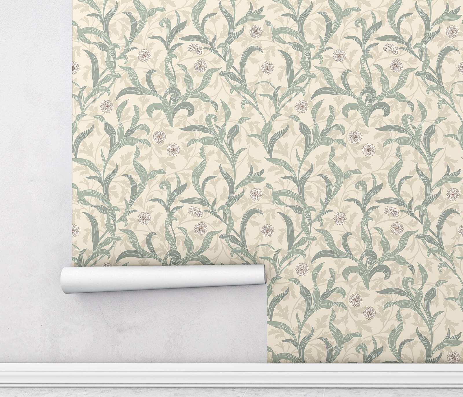ヴィンテージの花柄の葉の壁紙、剥がして貼るだけ、ライトカラー - Herbal Wallpaper のレビューと価格
