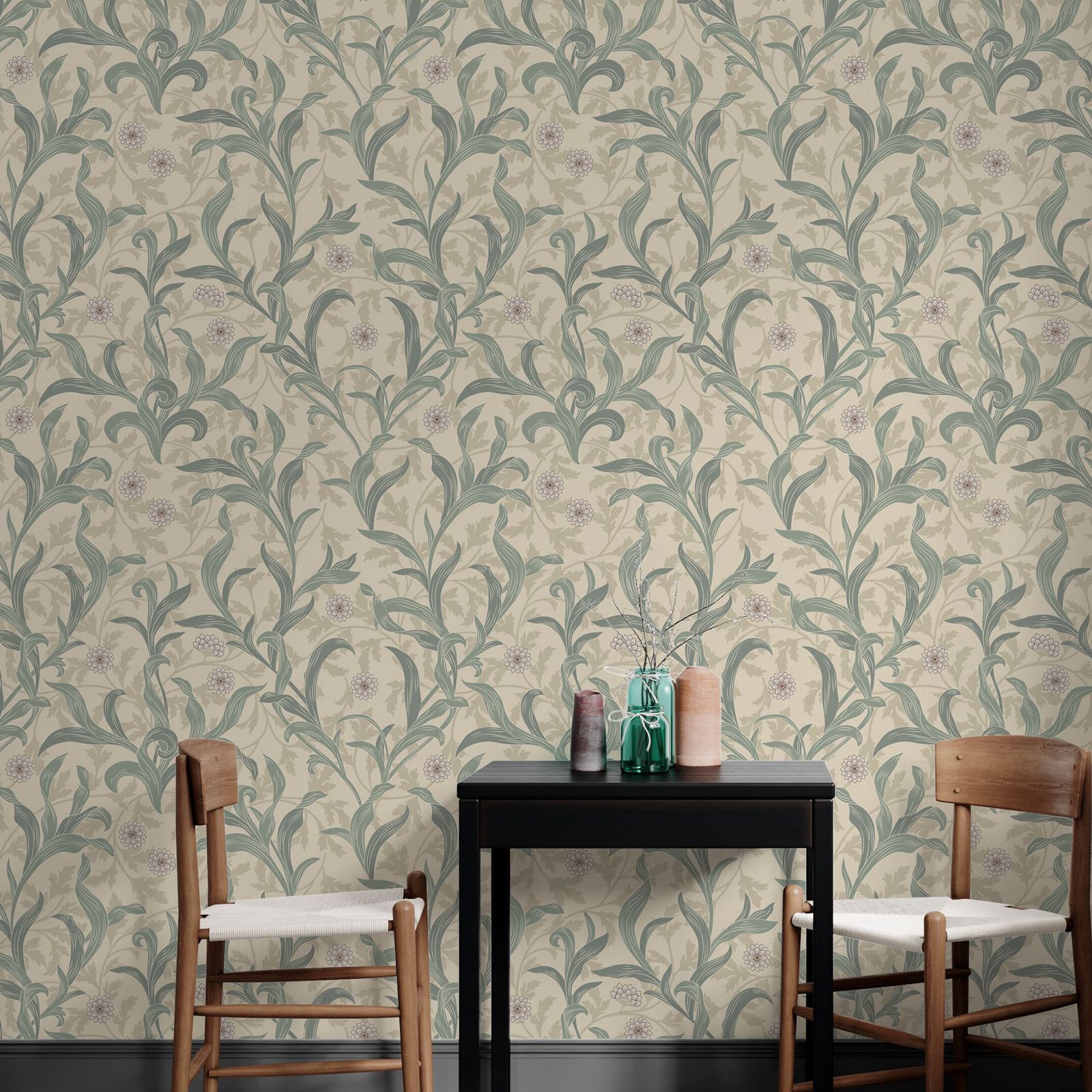 ヴィンテージの花柄の葉の壁紙、剥がして貼るだけ、ライトカラー - Herbal Wallpaper のレビューと価格