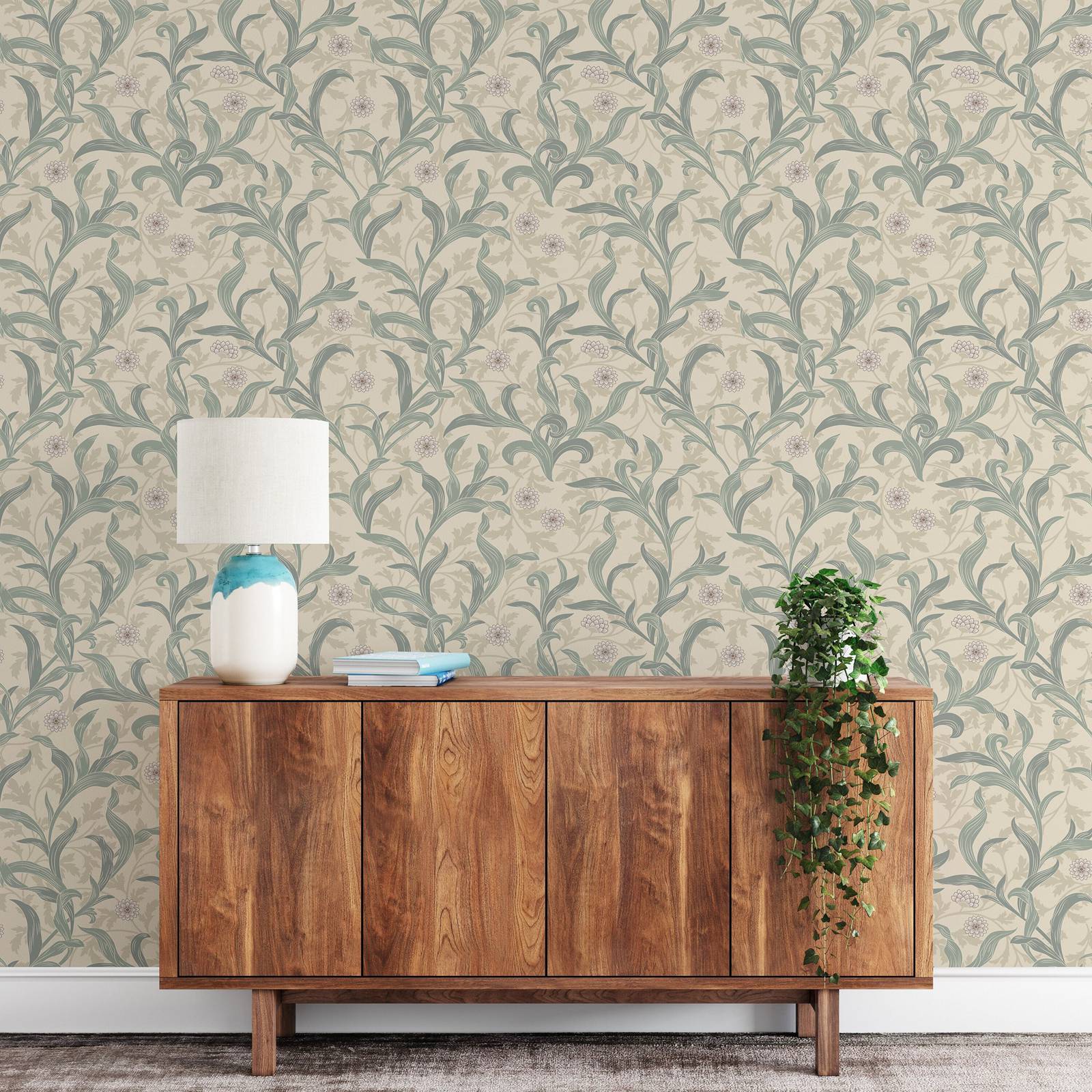 ヴィンテージの花柄の葉の壁紙、剥がして貼るだけ、ライトカラー - Herbal Wallpaper のレビューと価格
