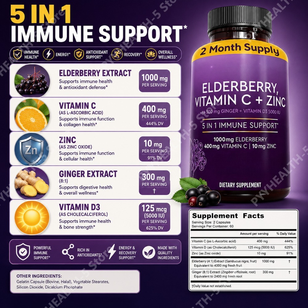 エルダーベリーカプセル（ビタミンC、亜鉛、D3、ジンジャー、 - Herbal Wellness Blend のレビューと価格
