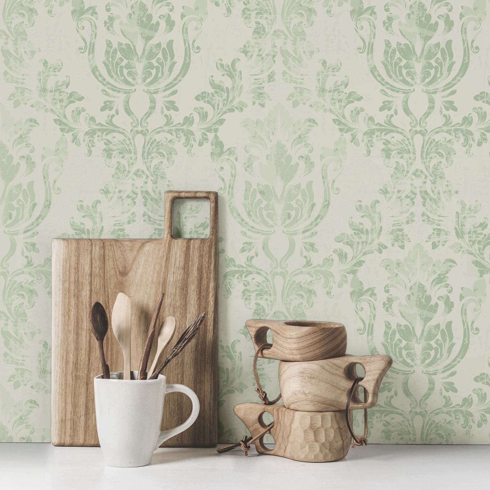 ヴィンテージグリーンダマスク壁紙ロール、家の装飾用の剥がして - Herbal Wallpaper のレビューと価格