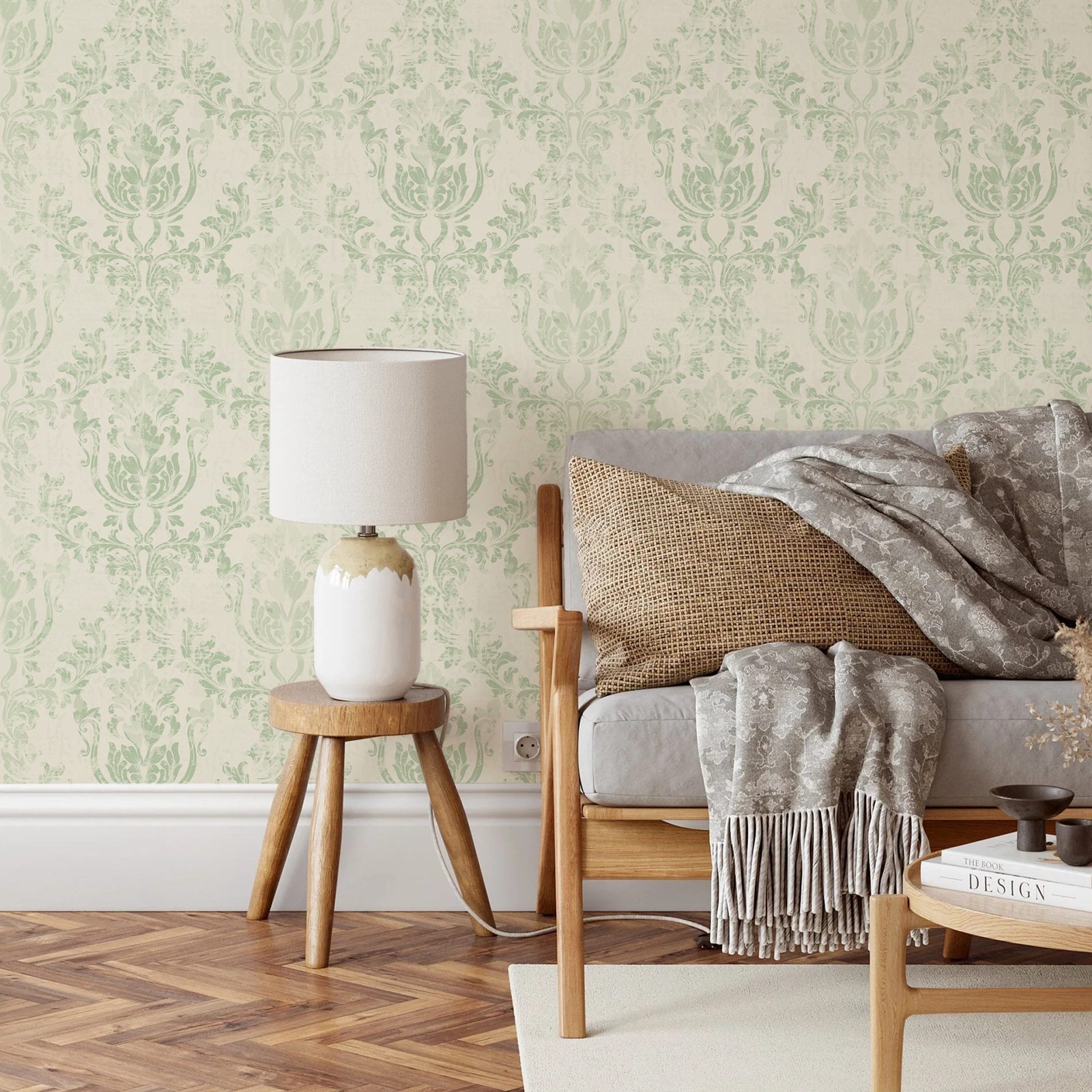 ヴィンテージグリーンダマスク壁紙ロール、家の装飾用の剥がして - Herbal Wallpaper のレビューと価格