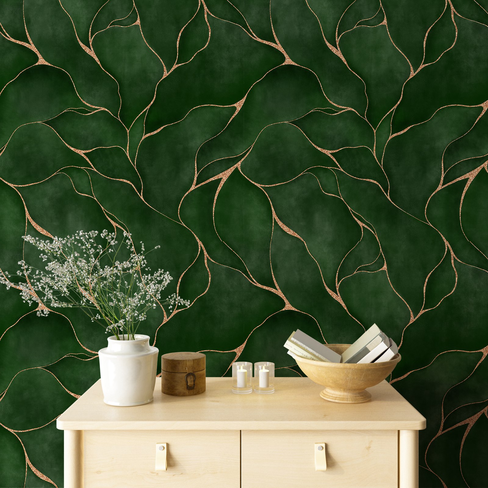水彩画の壁紙ロール,黄色の線のある抽象的な葉,はがして貼り付 - Herbal Wallpaper のレビューと価格