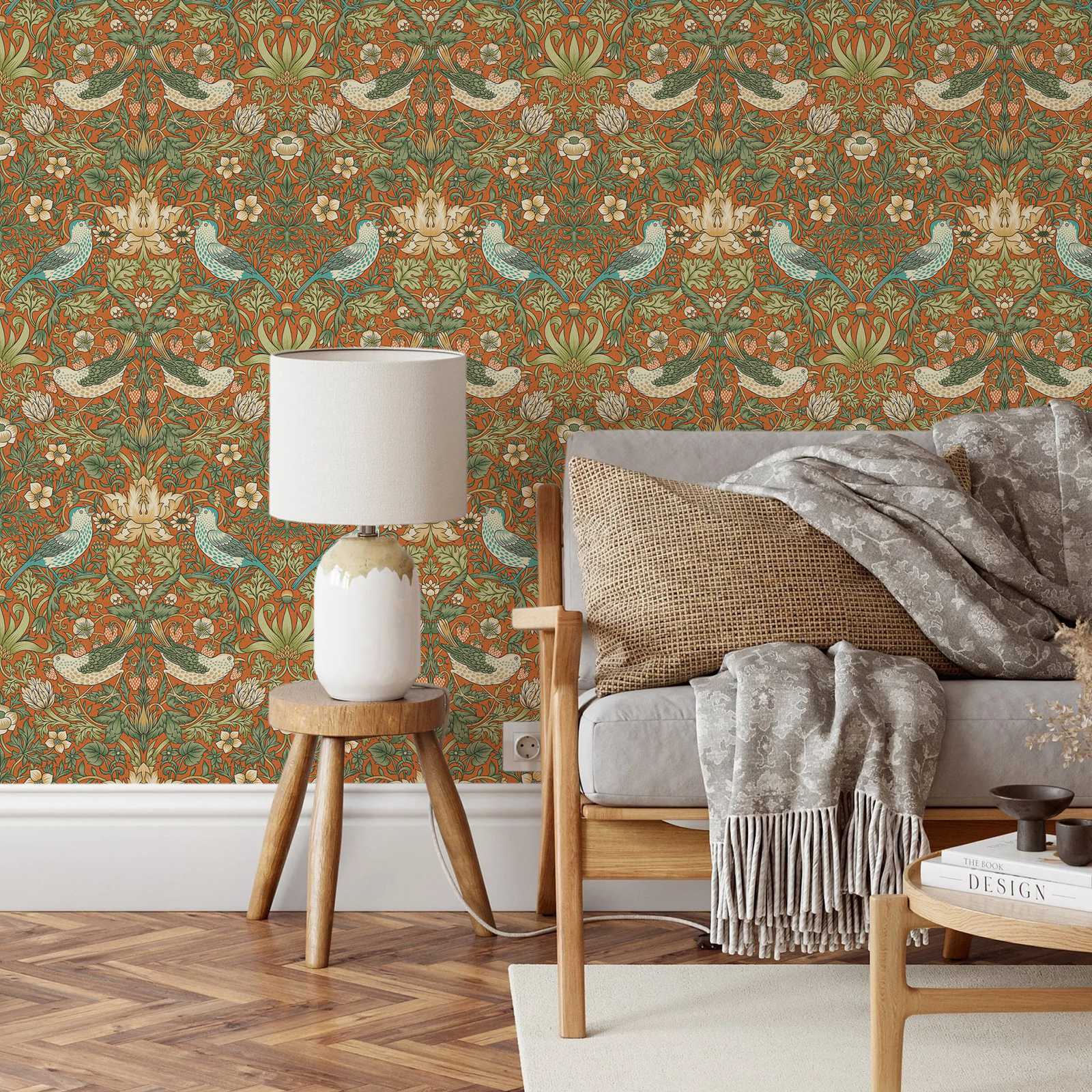 イチゴ泥棒の花の壁紙,ヴィンテージのオレンジ色の壁紙,自然の - Herbal Wallpaper のレビューと価格