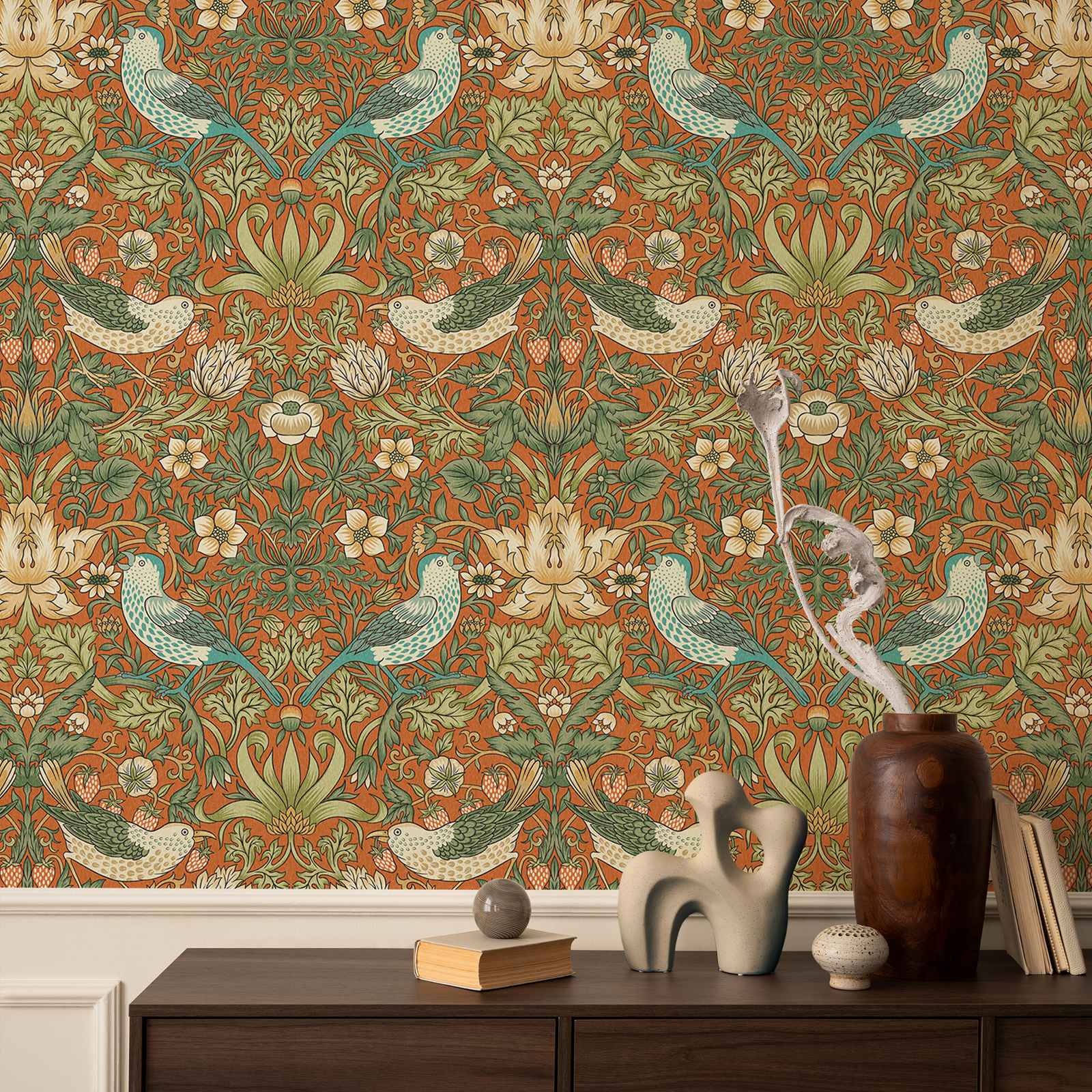 イチゴ泥棒の花の壁紙,ヴィンテージのオレンジ色の壁紙,自然の - Herbal Wallpaper のレビューと価格
