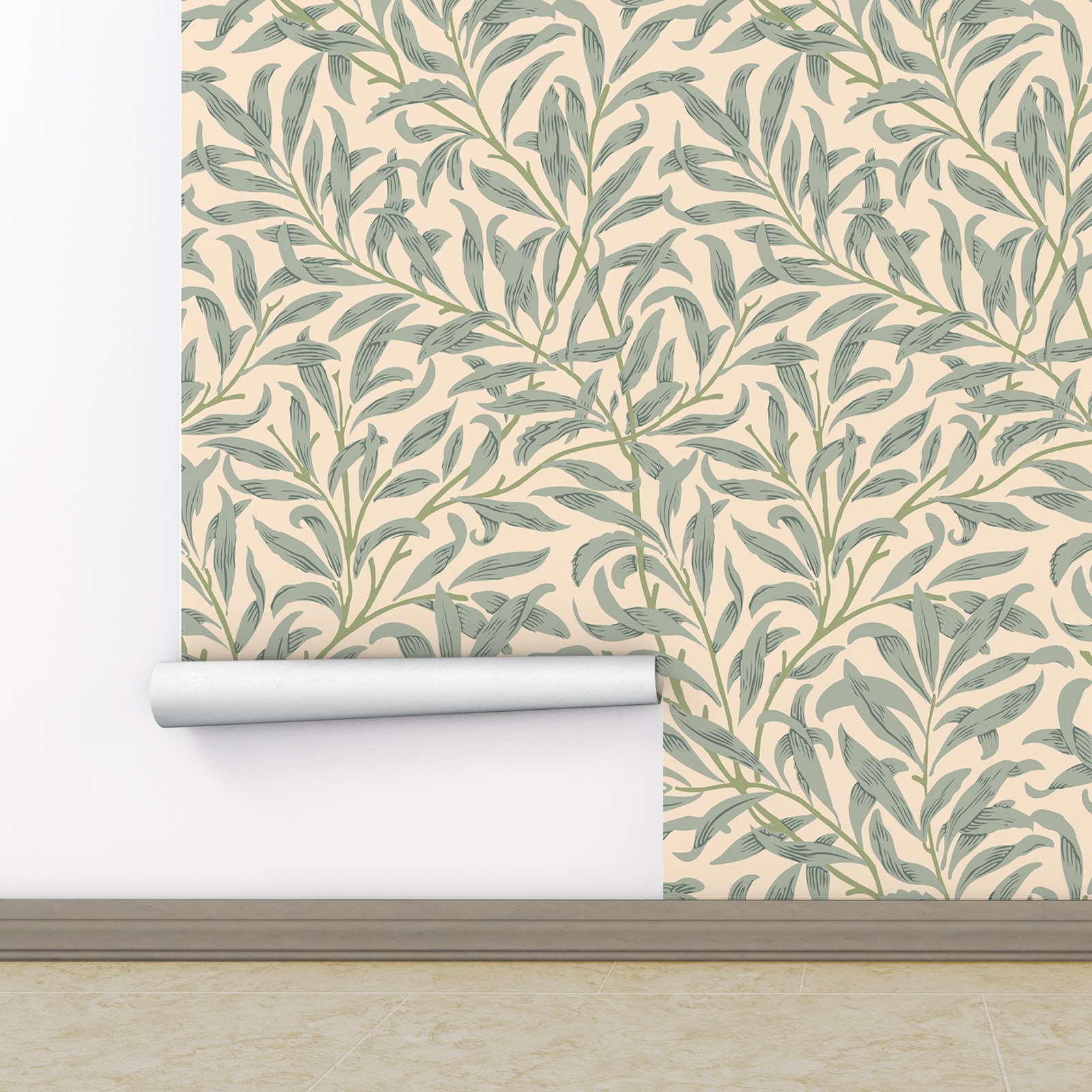 グリーンリーフ壁紙、ベージュカラーの取り外し可能な壁紙、自己 - Herbal Wallpaper のレビューと価格