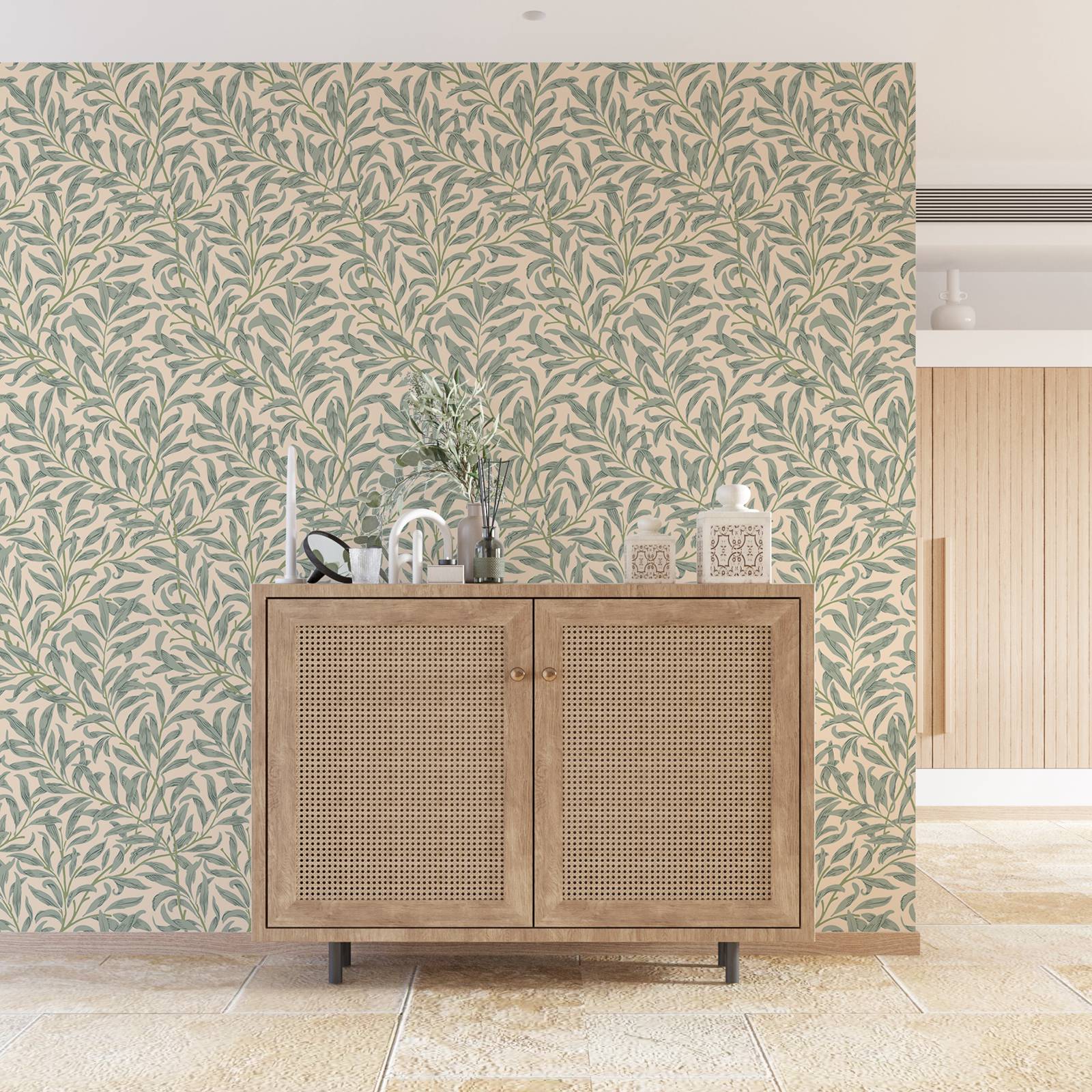 グリーンリーフ壁紙、ベージュカラーの取り外し可能な壁紙、自己 - Herbal Wallpaper のレビューと価格