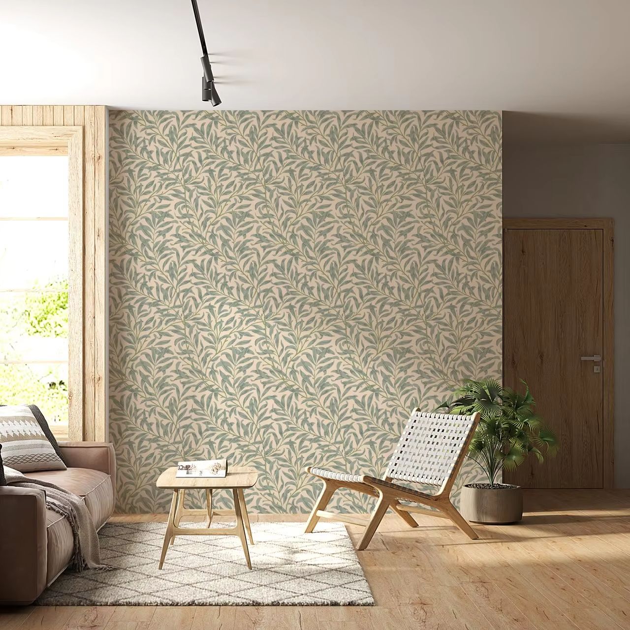グリーンリーフ壁紙、ベージュカラーの取り外し可能な壁紙、自己 - Herbal Wallpaper のレビューと価格